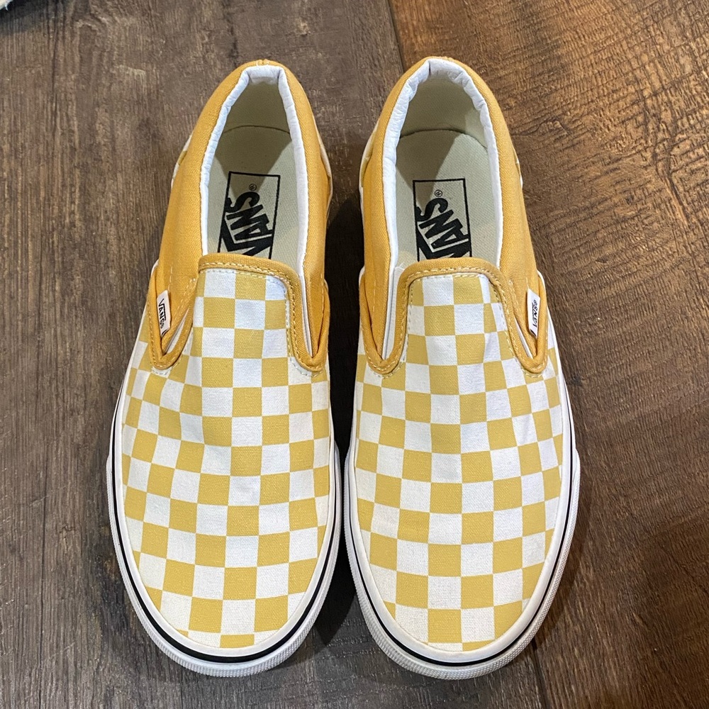 Vans, yellow check slip on shoes size 8